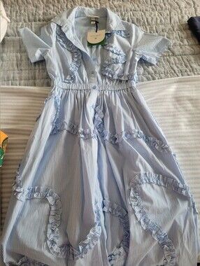 kate spade Light Blue and White Striped Midi Dress with Ruffle Trim